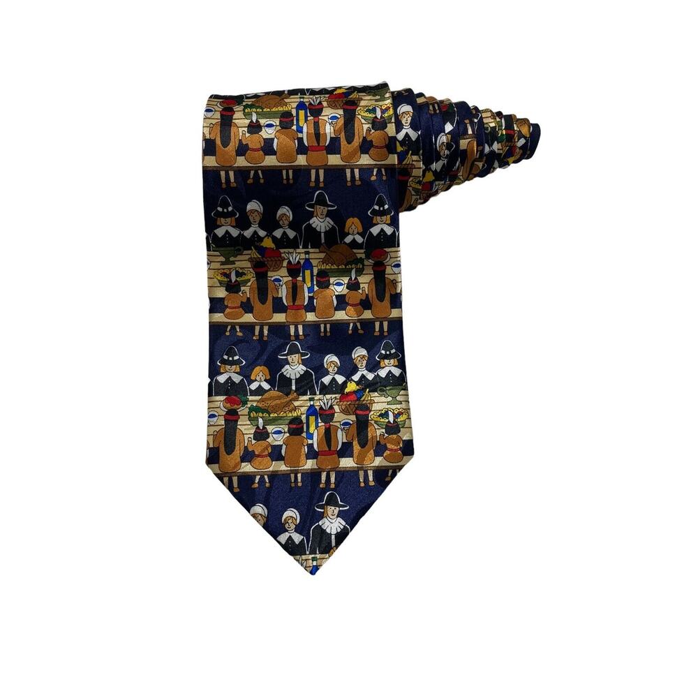 Steve Harris Thanksgiving Pilgrims Indians Holiday Vintage Novelty Necktie